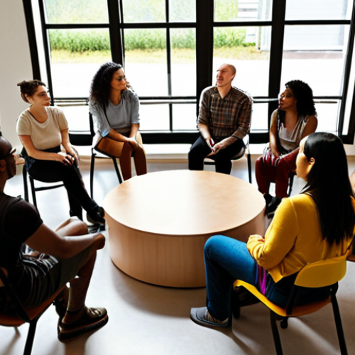 ** A diverse group of people from various backgrounds are sitting in a circle, actively listening to each other. Some are nodding, and one person is speaking with genuine emotion. The setting is a community center or co-working space with natural light. The overall tone is empathetic and understanding.

**