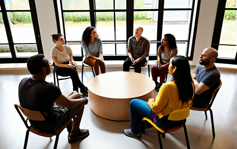 ** A diverse group of people from various backgrounds are sitting in a circle, actively listening to each other. Some are nodding, and one person is speaking with genuine emotion. The setting is a community center or co-working space with natural light. The overall tone is empathetic and understanding.

**