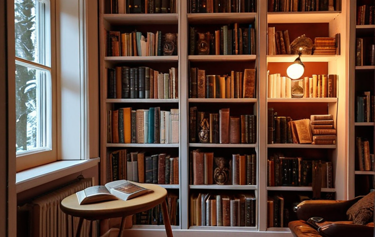 **

"Cozy Swedish home interior, bookshelf filled with diverse books (biographies, historical fiction, sci-fi), warm lighting, inviting atmosphere, reading nook."

**