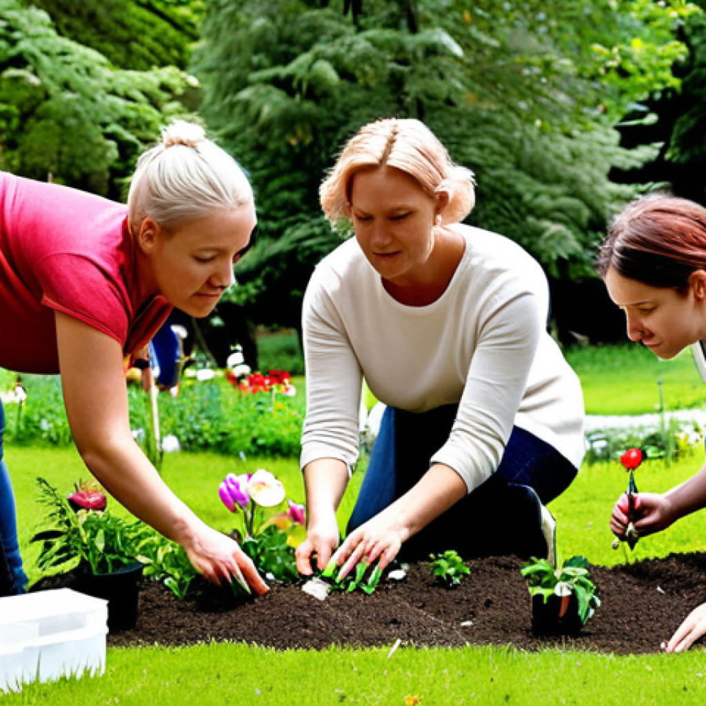 **

A diverse group of people engaging in a community project, planting flowers in a public garden in Stockholm. The scene should evoke a sense of collaboration, empathy, and breaking down social barriers in a vibrant urban environment. Focus on the interaction between the individuals and the positive impact of their shared activity on their community.

**