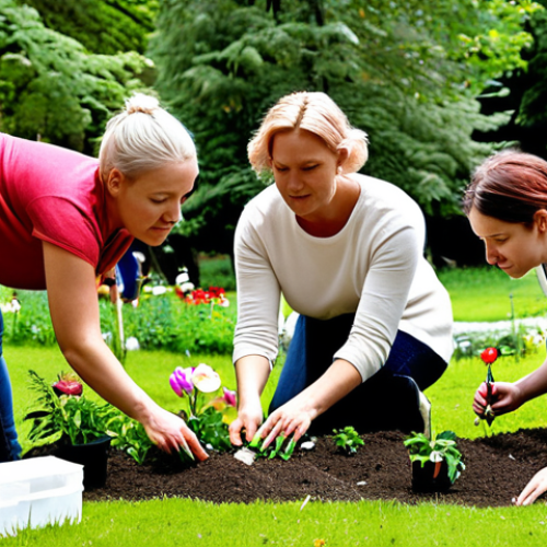 **

A diverse group of people engaging in a community project, planting flowers in a public garden in Stockholm. The scene should evoke a sense of collaboration, empathy, and breaking down social barriers in a vibrant urban environment. Focus on the interaction between the individuals and the positive impact of their shared activity on their community.

**