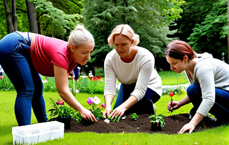 **

A diverse group of people engaging in a community project, planting flowers in a public garden in Stockholm. The scene should evoke a sense of collaboration, empathy, and breaking down social barriers in a vibrant urban environment. Focus on the interaction between the individuals and the positive impact of their shared activity on their community.

**