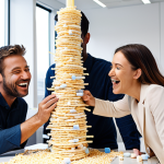 **Image Prompt:** A diverse group of colleagues laughing and working together to build a tall spaghetti tower using marshmallows and tape in a bright, modern office space. The atmosphere is lighthearted and collaborative.