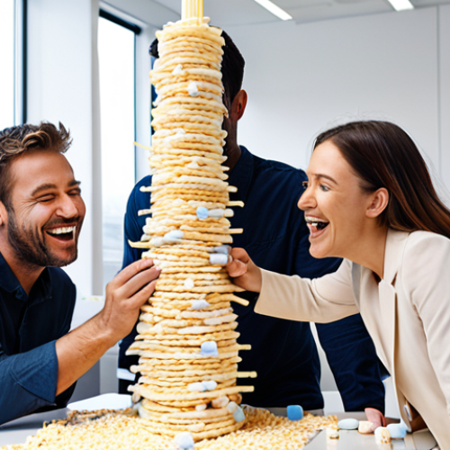 **Image Prompt:** A diverse group of colleagues laughing and working together to build a tall spaghetti tower using marshmallows and tape in a bright, modern office space. The atmosphere is lighthearted and collaborative.