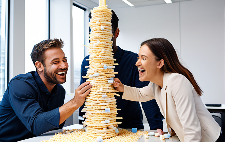 **Image Prompt:** A diverse group of colleagues laughing and working together to build a tall spaghetti tower using marshmallows and tape in a bright, modern office space. The atmosphere is lighthearted and collaborative.